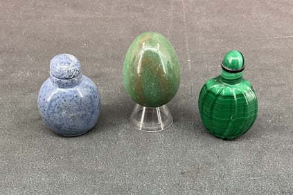 2 Carved Snuff Bottles & Egg On Stand