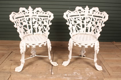 Antique Pair Cast Iron Morning Glory Garden Chairs