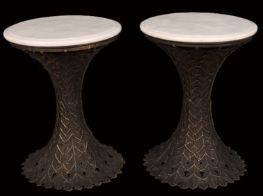 Decorative Pair Leaf Applique Tables, Marble Tops