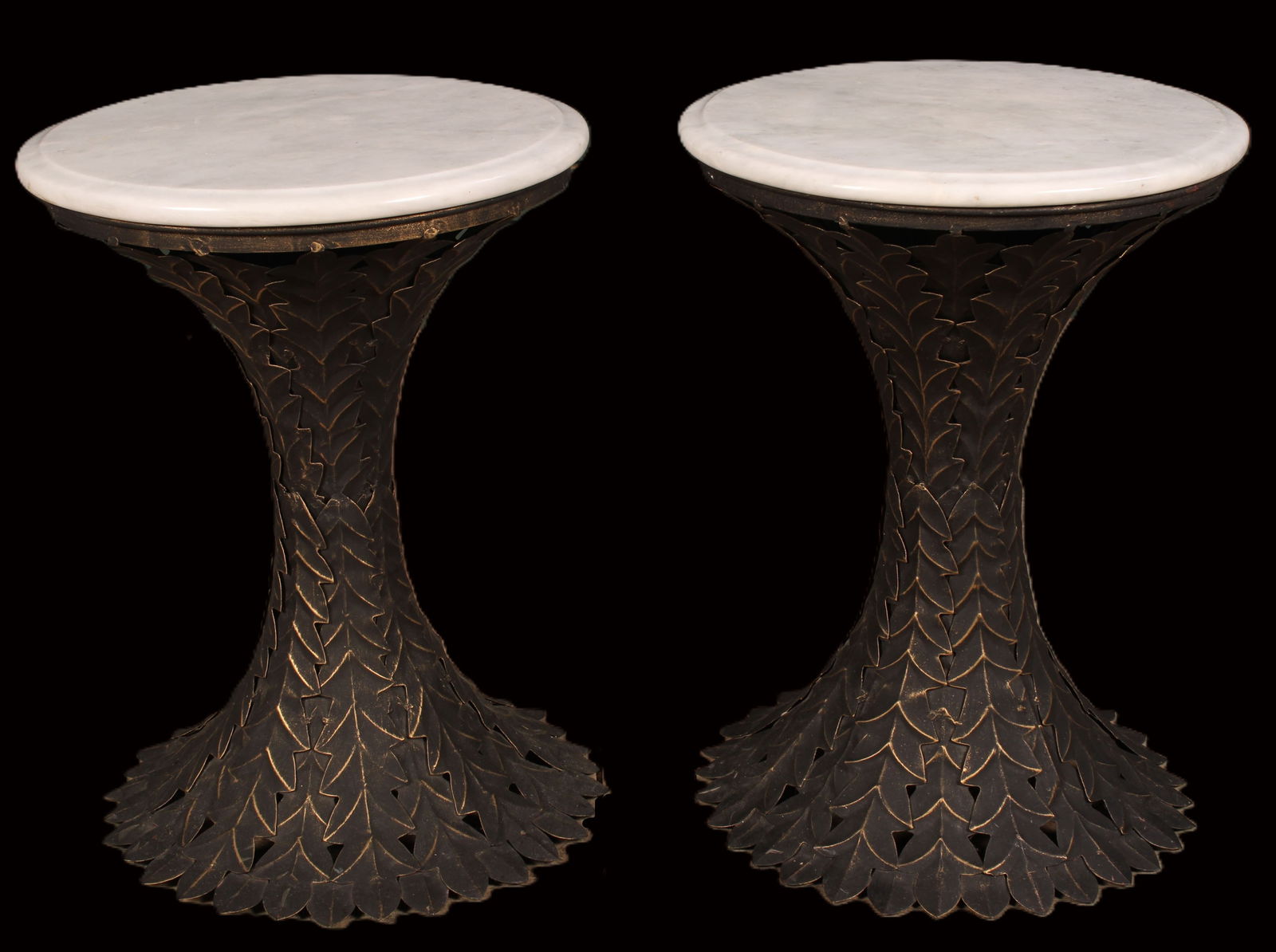 Decorative Pair Leaf Applique Tables, Marble Tops (1 of 5)