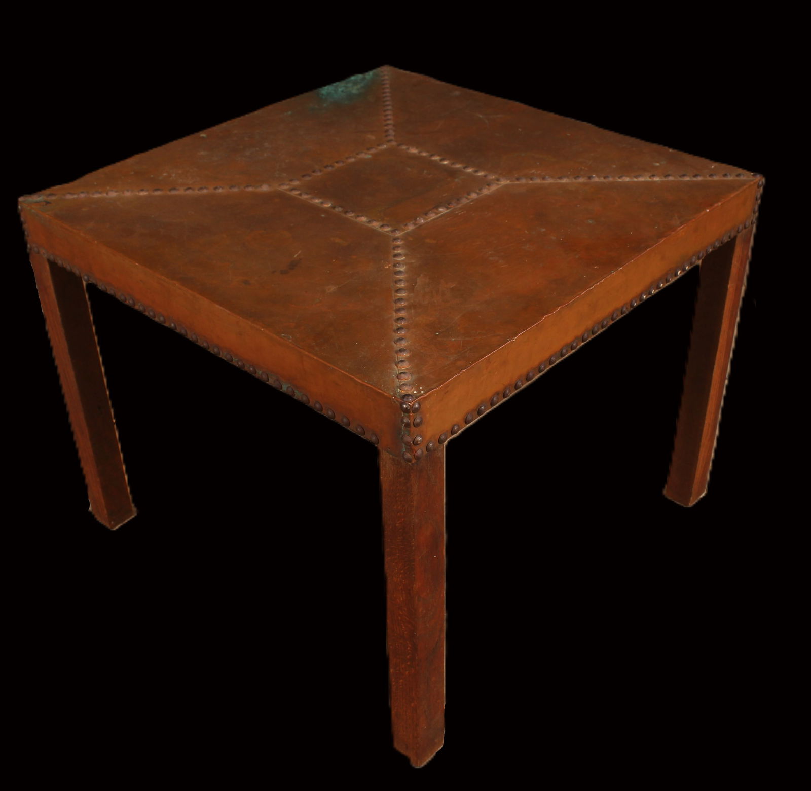 Copper Clad Table: Mid Century Modern copper clad table with nail head detail. Size: 21"H x 26"W x 26"D