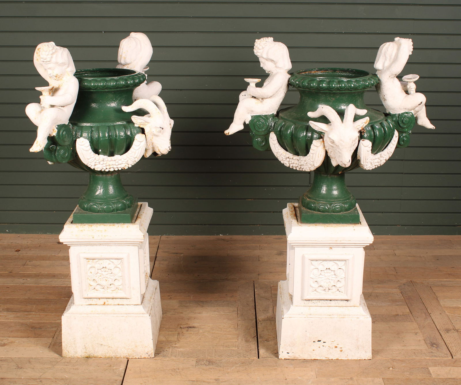 Pair Cast Iron Putti Handle Urns on Bases (1 of 10)