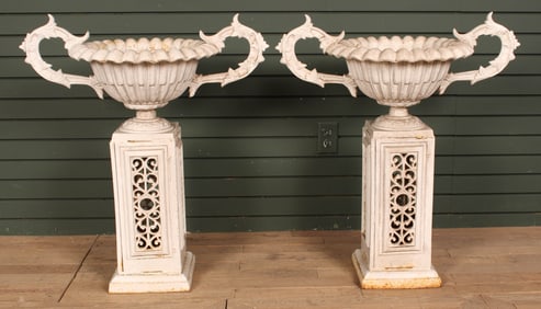 Pair Cast Iron Urns on Reticulated Bases