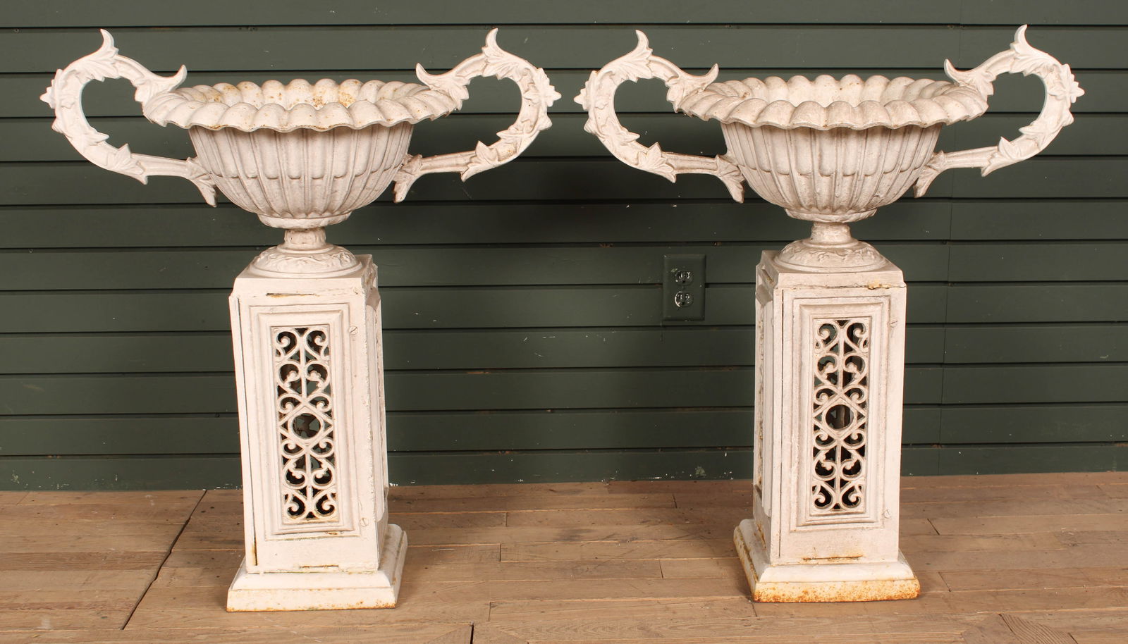 Pair Cast Iron Urns on Reticulated Bases (1 of 9)