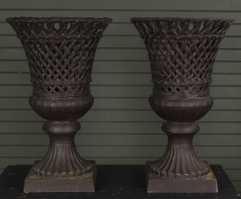 Pair Cast Iron Basket Weave Terrace Urns