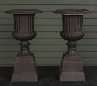 Pair Cast Iron Stanchion Top Entryway Urns