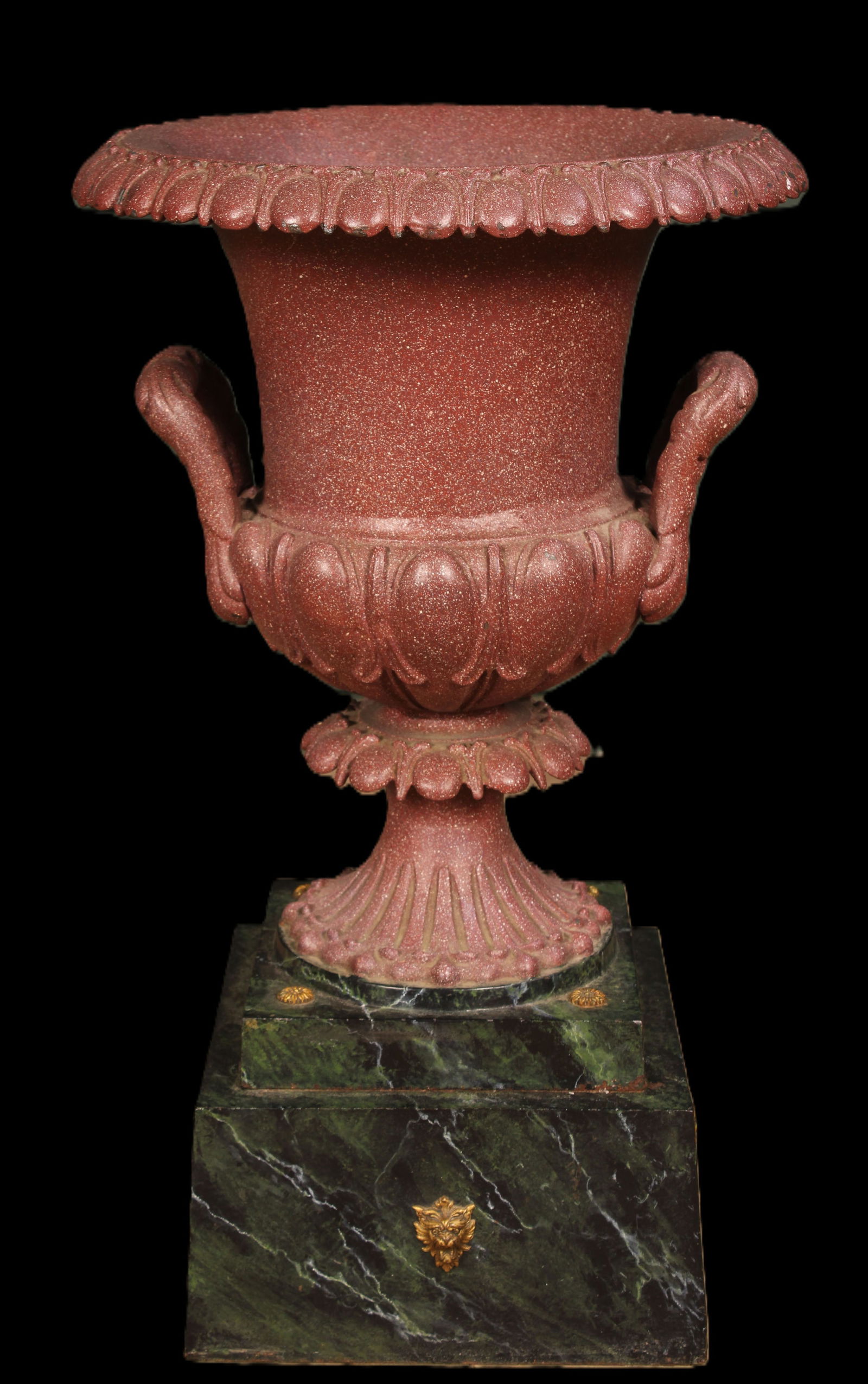 Cast Iron Urn, Faux Porphyry Finish: A good late 19th Century cast iron garden urn with faux porphyry paint decoration attached to faux marble base with bronze mounts. Size: 27"H x 16"W x 16"D