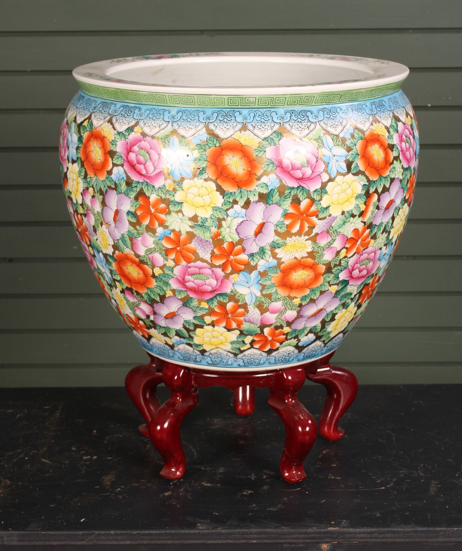 Chinese Porcelain Chrysanthemum Fishbowl Planter: Vintage Chinese Porcelain Chrysanthemum Fishbowl Planter. Size: bowl 14"H x 17.5"Dia