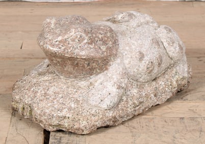 Carved Stone Mama and Baby Toad , Garden Decor