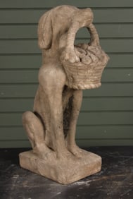 Figural Cast Stone Dog with Flower Basket