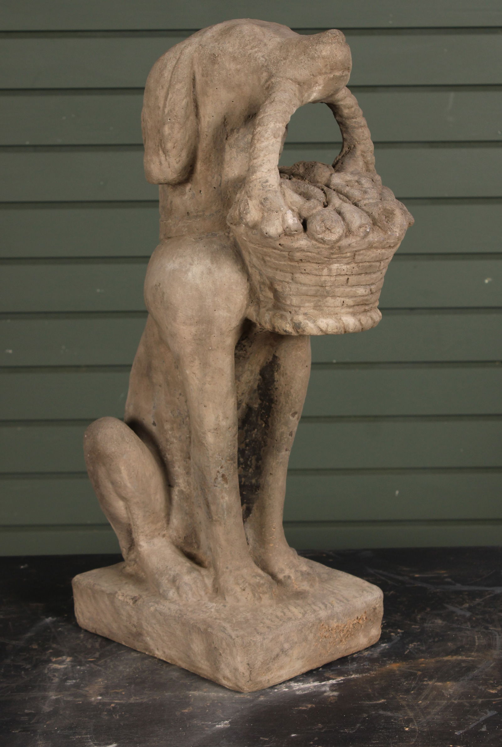Figural Cast Stone Dog with Flower Basket (1 of 6)