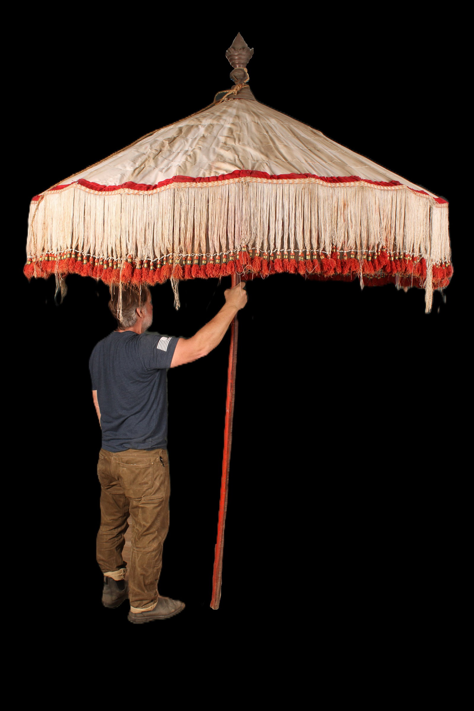 Indian Mandap, Wedding Ceremonial Umbrella: A market scale cloth Anglo Indian umbrella with tassels and ornate interior decoration. Size: 75"Dia. 110"High