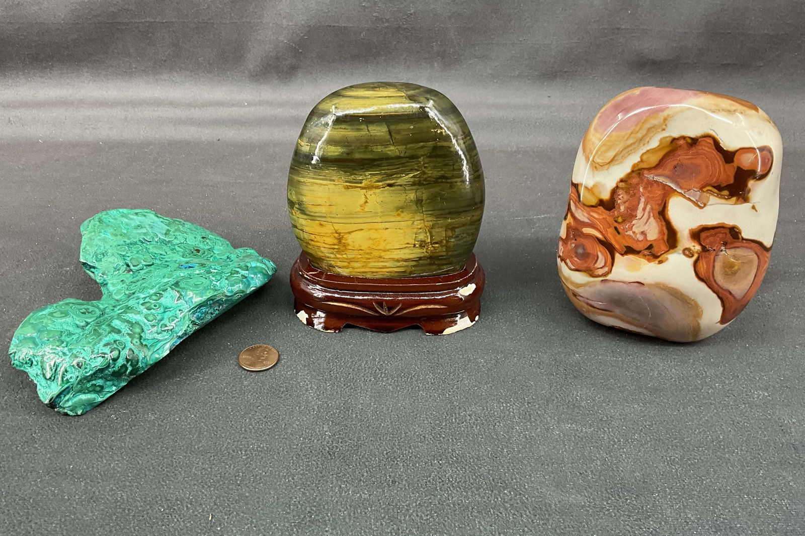 Chinese Stone, Malachite, Picture Jasper: Chinese stone, malachite, picture jasper. Stands included. Size: largest 5"T x 4"L x 3.5"D Provenance: From the lifetime collection of an Oreland, Pennsylvania private estate.