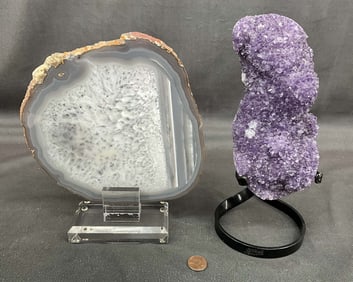 Amethyst On Stand & Agate Slice
