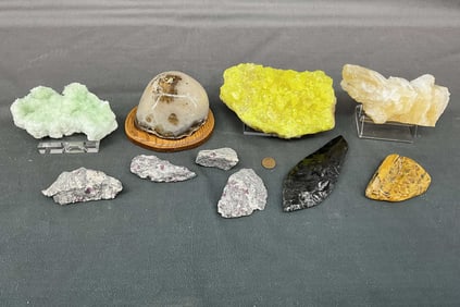 Calcite, Green Selenite, Sulfur