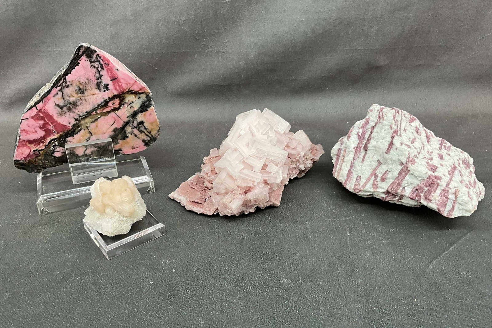 Halite, Tourmaline, Rhodonite: Halite, tourmaline in albite, stillbite box tie, rhodonite. Stands included. Size: 1.75"T-4.25"T Provenance: From the lifetime collection of an Oreland, Pennsylvania private estate.