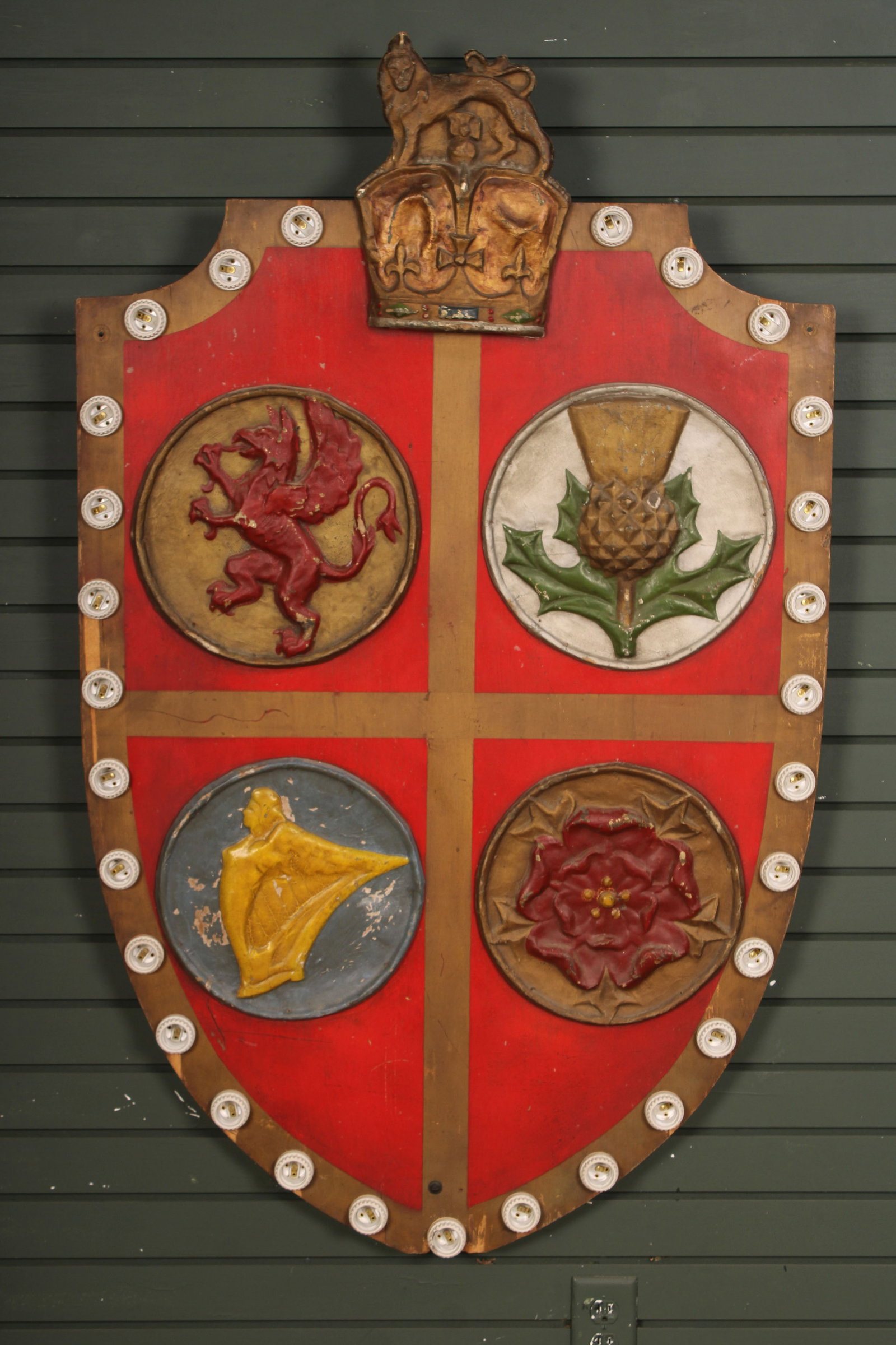 Lighted British Isles Heraldry Shield Marquee: A vintage British Isles shield form sign with crown cartouche and light socket border. Size: 54"T x 33"L x 3.5"D