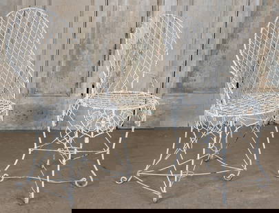 2 Antique Wirework Garden Chairs: 2 antique wirework garden chairs one with a balloon shape back the other with a hoop design. Size: Largest: 37" H x 18" W x 19" D