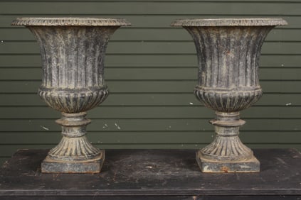Pair Cast Iron Campana Garden or Terrace Urns