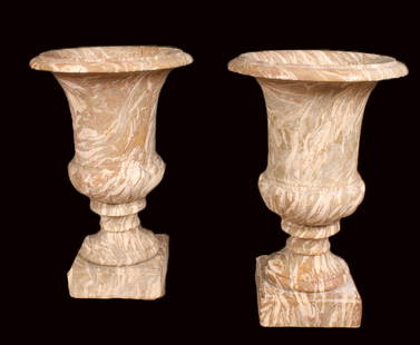 Pair of Carved Marble Urns: A very good pair of early 20th Century carved marble campana style garden urns having highly figured stone. Very interesting. Size: 30"H x 19.5"W x 19.5"D