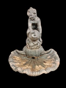 Vintage Cast Stone Putto on a Clamshell Fountain