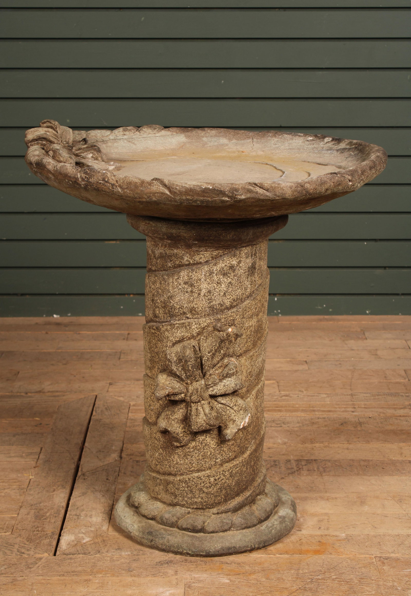 Cast Stone Ribbon and Bow Motif Bird Bath: Cast Stone Bird Bath. Size: 26"H x 22"W x 23"D