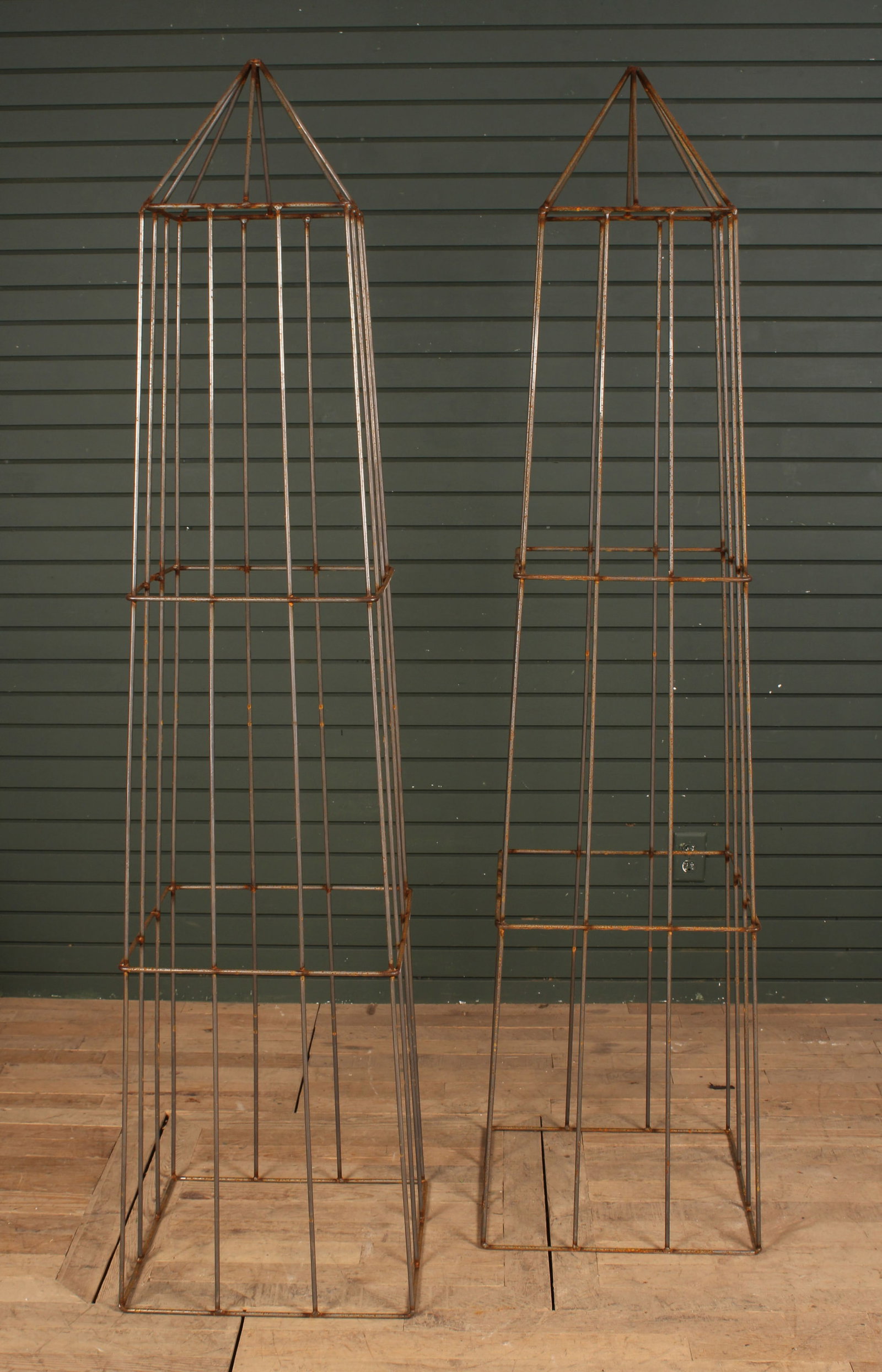 Pair of Large Scale Wrought Iron Garden Obelisks: A pair of very large scale wrought iron garden obelisks. Size: 78.5"H x 20"W x 20"D