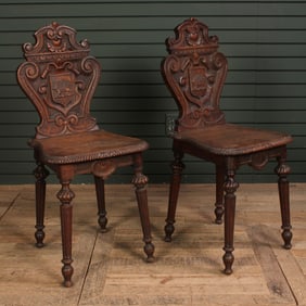 Pair English Hedgehog Crested Oak Hall Chairs