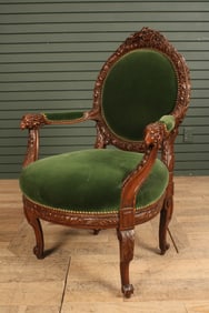 Green Velvet Victorian Chair, Ram Head Arms