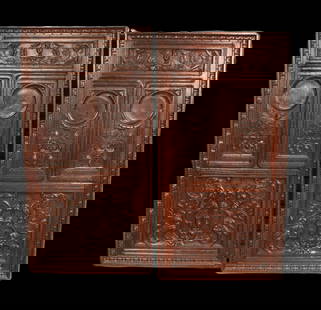 Pair Antique Belgian Carved Oak Panels: Pair Antique Belgian Carved Oak Panels. Salvaged armoire doors made as decorative panels. Size: 53"H x 27"W x 2"D each