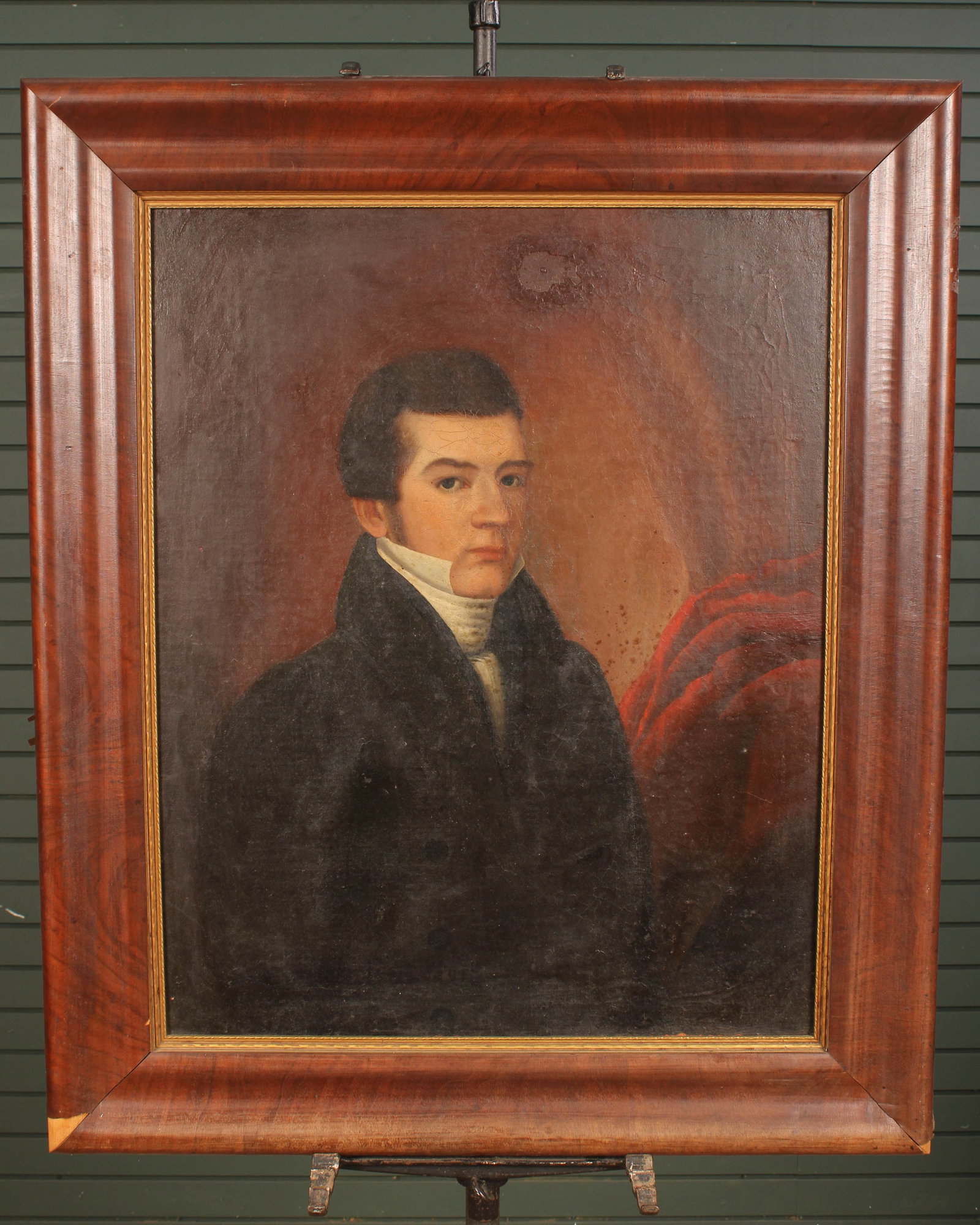 Folk Art Portrait Of Gentlemen: Early 19th Century Folk Art portrait of a gentlemen with frock coat. Canvas laid down on later board. Ogee Frame. Size: 38.5"T x 32.5"W
