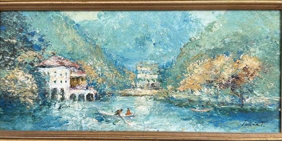 Sea Side Villa Oil Painting, Signed