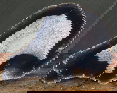 Druzy Agate Slice On Stand, Charcuterie Slab: A good natural geological Agate slice specimen. Flower crystal matrix inclusion. Comes on a stand for display, also functions as a cheese board, charcuterie board or serving platter. Size: 13"H with s
