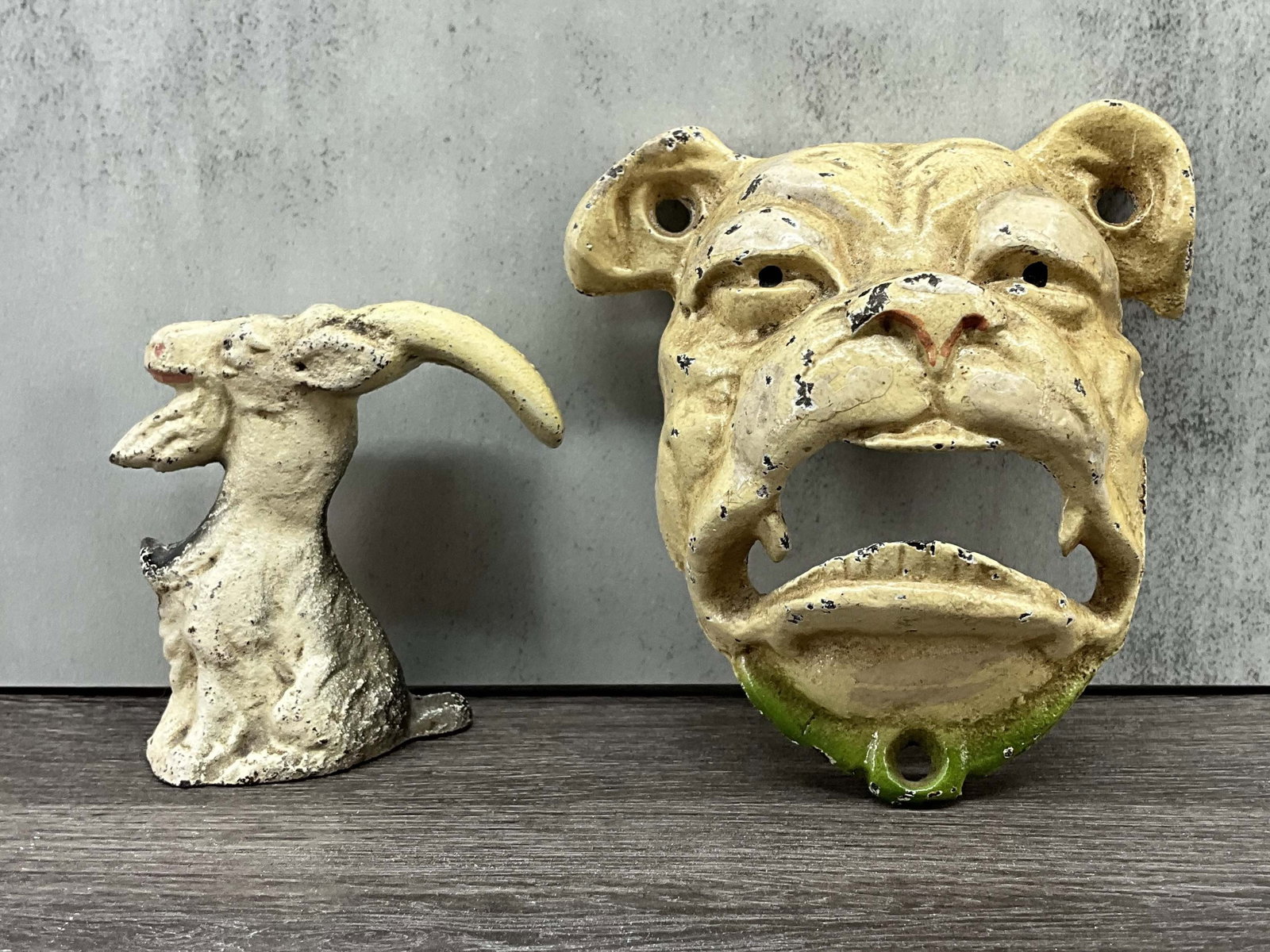 John Wright Goat and Bulldog Bottle Opener: Two vintage bottle openers, bulldog wall mounted and goat by John Wright. Size: 2.75"T & 4.5"T