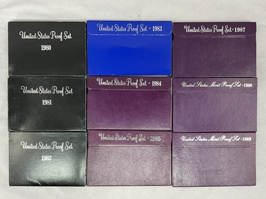 1980's U.S. Coin Currency Proof Sets, 9 Boxes