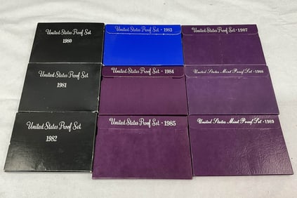 1980's U.S. Coin Currency Proof Sets, 9 Boxes