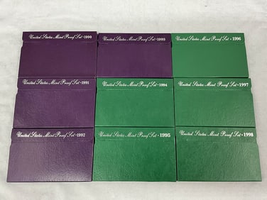 1990's U.S. Coin Currency Proof Sets, 9 Boxes