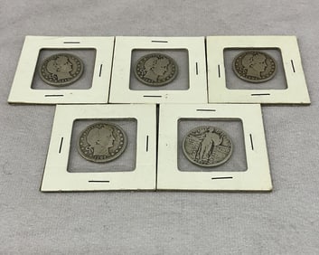 4 Barber Quarters & 1 Liberty Quarter
