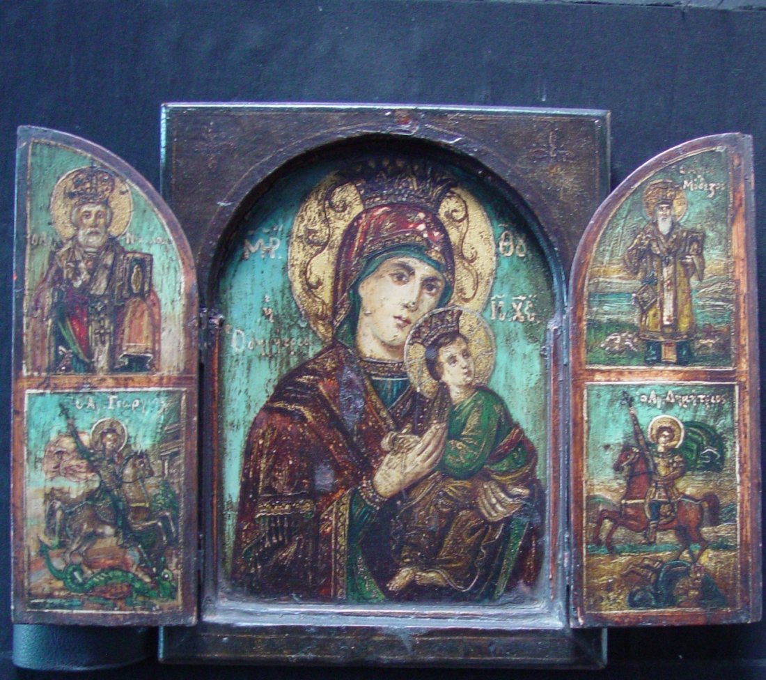 Old Greek Icon, 18th C, Triptich: Travelling Triptych, Greek, Mother God of Passion with Saints,tempera on wood, 18th century, size 39x 30 cm (open), In middle Mother God of Passion with on the panels SaintsThe authenticity of every i