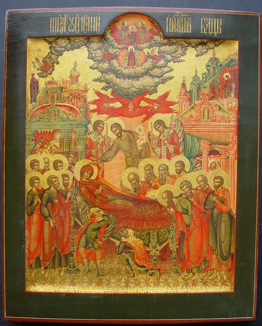 Large Old Russian Icon, Dormation, 20th Century: Large Dormation, Russia, 20th century, tempera on wooden board, size 48 x 39 cm. The moment Mother of God died, Christ appears to take her soul. The feast of the Dormation is celebrated on the 15 of a
