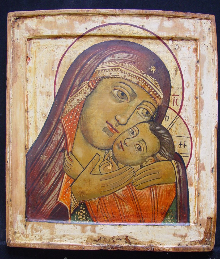 Old Russian Icon, Korsun, 1700: Mother of God of Korsun, around 1700, Russia, tempera on wooden board, size 31 cm x 26 cm. The Korsun Virgin, like the Virgin of Vladimir or the Virgin of the Don, is an example of the Oumileinye or '
