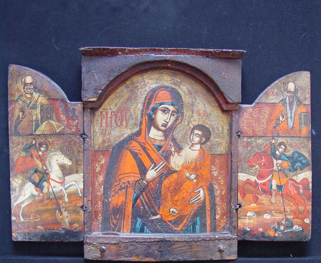Triptich, Greek Icon, around 1750.: Triptich with Hodegetria, around 1750, size 41.5 x 27.5, Greek, In the middle a Mother of God of Hodegetria with on the other panels Saint George and Demetrius and other saints. Complete Triptych are 