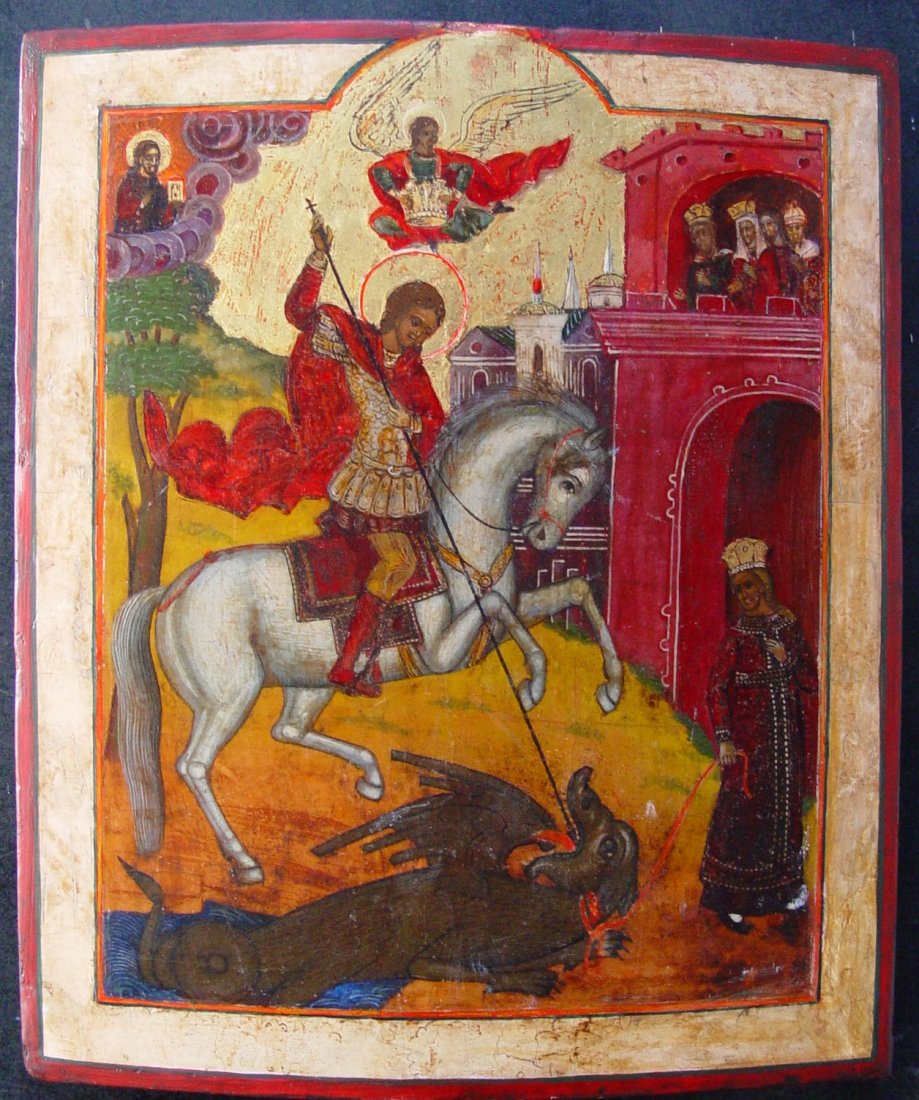 Saint George, 18/19th Century, Russian Icon.: Saint George, 18/19th century, Russia, tempera on wooden board, size 37 x 31 cm. Saint George of Lydda (ca. 275/281 – April 23, 303) was according to tradition, a Roman soldier in the Guard of Emper