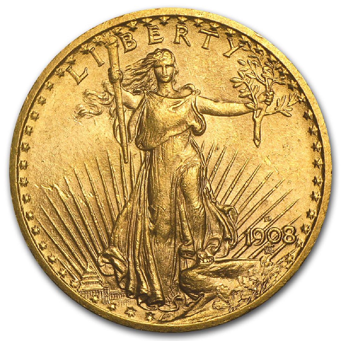 1908-D $20 St Gaudens Double Eagle Gold Coin No Motto: One 1908-D $20 St Gaudens Double Eagle Gold Coin No Motto.