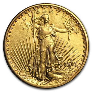 1913-S $20 St Gaudens Double Eagle Gold Coin: One 1913-S $20 St Gaudens Double Eagle Gold Coin. This coin has a low mintage of only 34,000 pieces.