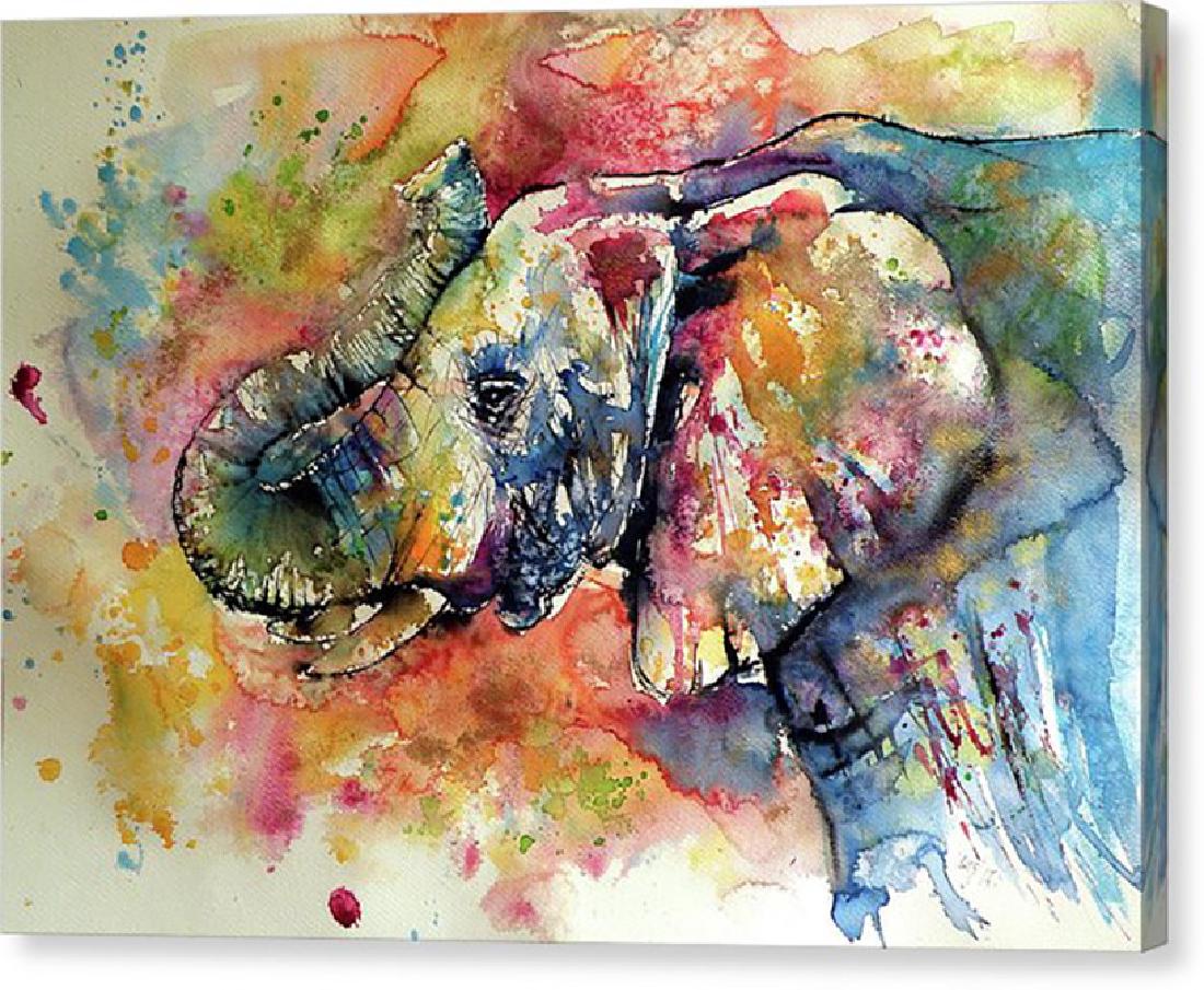 Big Colorful Elephant Print on Canvas: Big Colorful Elephant canvas print by Kovacs Anna Brigitta. Dimensions are 20 inches by 14.125 inches. Your canvas print comes gallery wrapped and will be delivered to you ready to hang with pre-attac