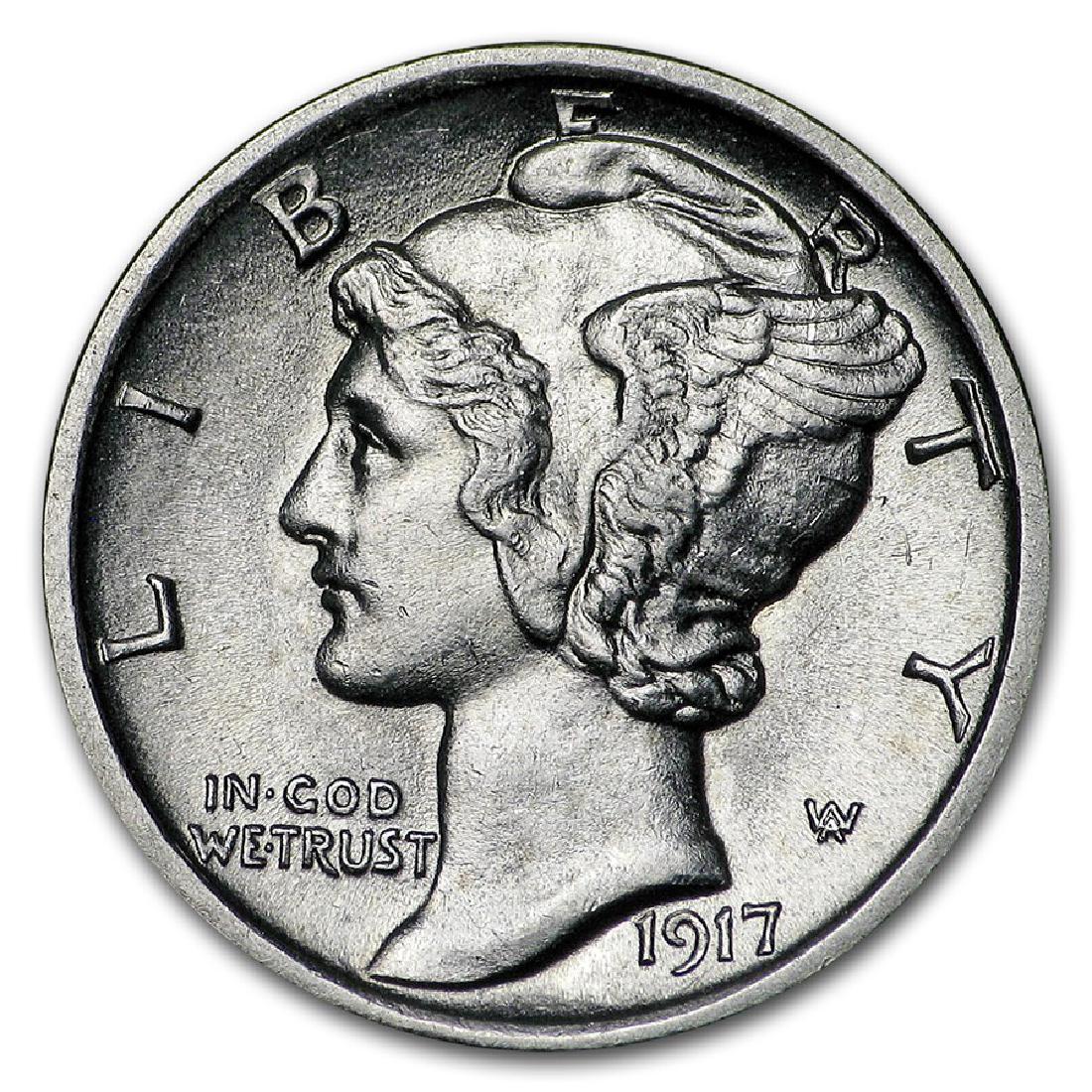 1917-D Mercury Dime Coin: One 1917-D Mercury Dime Coin.
