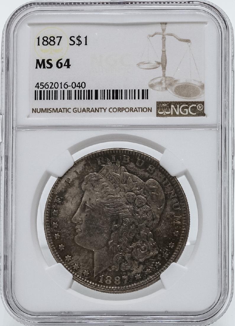 1887 $1 Morgan Silver Dollar Coin NGC MS64 Toning: One 1887 $1 Morgan Silver Dollar Coin NGC MS64 Toning.