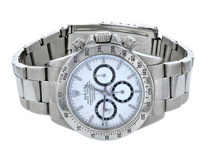 Rolex Daytona Stainless Steel Mens Wristwatch: One Rolex Daytona Stainless Steel Mens Wristwatch. One Rolex Stailess Steel Daytona Cosmograph wristwatch electronically tested. Case: 38mm oyster, Rolex Signature Crown: twin lock with high relief lo