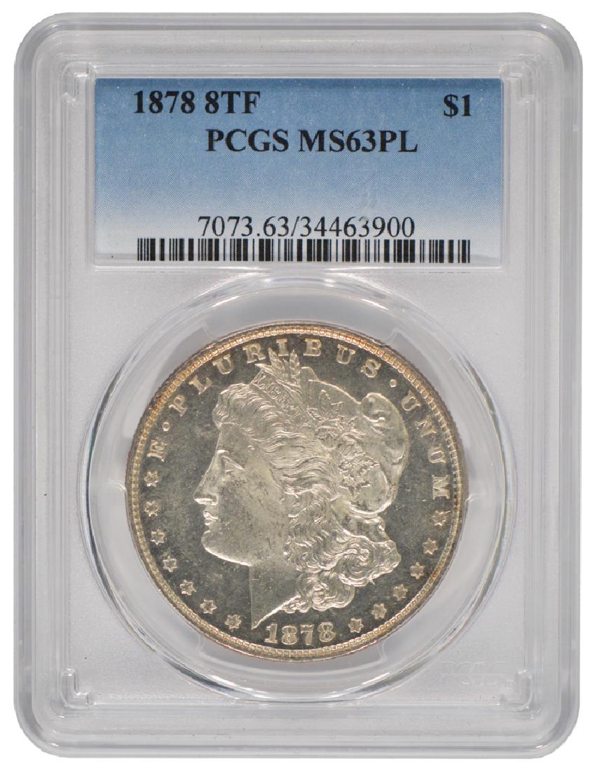 1878 8TF $1 Morgan Silver Dollar Coin PCGS MS63PL: One 1878 8TF $1 Morgan Silver Dollar Coin PCGS MS63PL.